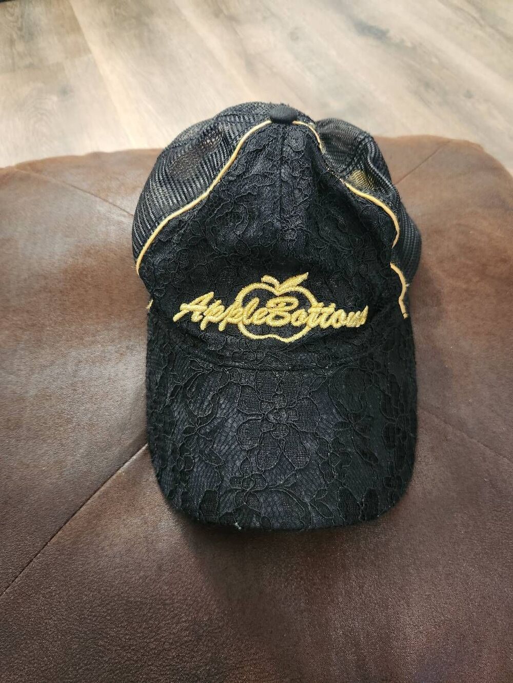 Apple Bottoms Y2K Embroidered Black Gold Lace Snap Back Hat One Size Nylon